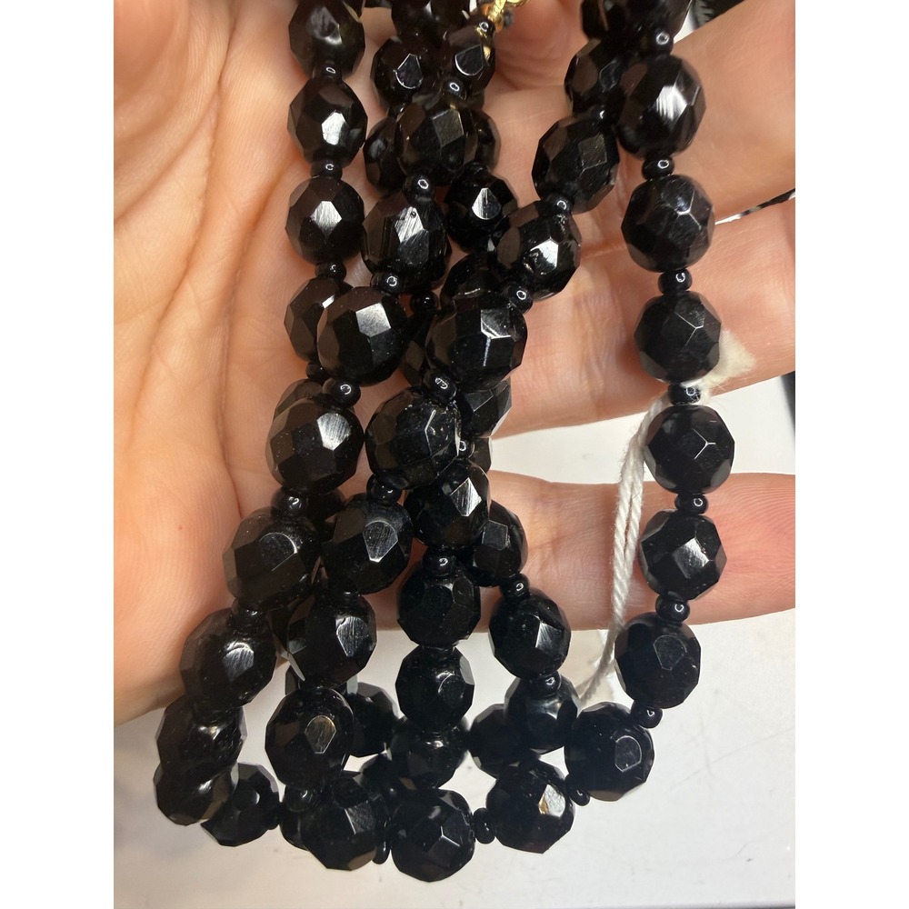 Czech Republic Black Faceted Glass Bead Necklace 28 Inch Gold Tone Clasp